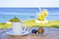 Daylight view to cup of coffee on table with local sweets