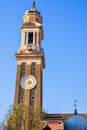 Daylight view to local campanile bell tower with clock