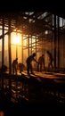 Daylight wanes as construction workers continue their tasks, framed by the setting sun Royalty Free Stock Photo