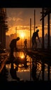 Daylight wanes as construction workers continue their tasks, framed by the setting sun Royalty Free Stock Photo