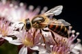 Daylit macro bee graces a flower, natures harmony captured in exquisite detail