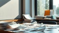 A Daylit Office Workspace Windswept Papers and Documents Capturing the Energy of a Busy Day Royalty Free Stock Photo