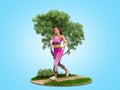 Dayly fitness concept girl runs on nature 3d render on blue gradient