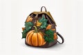 Daypack with orange pumpkin vegetable design. Shoulder bag, backpack, small Autumn female bag on white background, AI generative