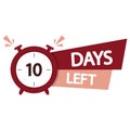 10 days countdown. Number ten text. Alarm clock icon. Bold timer design.