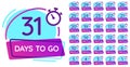 Days to go badge. Business day countdown, release date counter and timer number badges vector illustration set