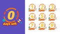 Days to go. Badges design with days counter timer weeks 1 one two three sale countdown 8 or 5 garish vector templates