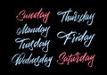 Days Of The Week In English Lettering Style On A Black Background For Printing And Design.Vector Illustration.
