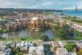 Daytime aerial photo of the Palace of Fine Arts, in San Francisco, California, USA. The Golden Gate Bridge is in the background. Royalty Free Stock Photo