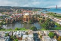 Daytime aerial photo of the Palace of Fine Arts, in San Francisco, California, USA. The Golden Gate Bridge is in the background. Royalty Free Stock Photo