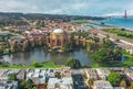Daytime aerial photo of the Palace of Fine Arts, in San Francisco, California, USA. The Golden Gate Bridge is in the Royalty Free Stock Photo