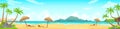 Daytime beach landscape. Sandy beaches with tropical palms. Sunny day, on beautiful sunset, sunrise and at night cartoon Royalty Free Stock Photo