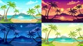 Daytime beach landscape. Sunny day seascape, night ocean and sunset beach cartoon vector illustration set