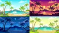 Daytime beach landscape. Sunny day seascape, night ocean and sunset beach cartoon vector illustration set Royalty Free Stock Photo