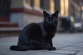 Daytime, city street, black cat. Symbol of superstition. Generative AI