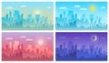 Daytime cityscape. Morning, day and night city skyline landscape, town buildings