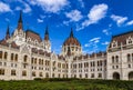 Daytime close up view of historical building of Hungarian Parliament in Budapest, Hungary, Europe with hungarian national flag on Royalty Free Stock Photo