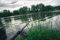 Daytime fishing in the summer on a pond.