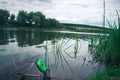 Daytime fishing in the summer on a pond.