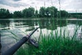 Daytime fishing in the summer on a pond.