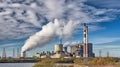 A Daytime Glimpse of the Power Plant, Looking Smoke Rises from the Chimney. Generative AI