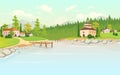Daytime lake in village flat color vector illustration