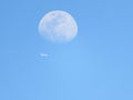 Daytime moon with airplane flying beneath