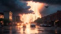 Daytime urban ghetto storm with lightening, AI Generative Royalty Free Stock Photo