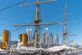 Daytime view of the buildings in the financial district and a frigate in front in Puerto Madero, Buenos Aires