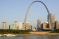 Daytime view of Gateway Arch (Gateway to the West) and skyline of St. Louis, Missouri at sunrise from East St. Louis, Illinois on