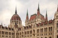 Daytime view of historical building of Hungarian Parliament, aka Orszaghaz, with typical symmetrical architecture and Royalty Free Stock Photo