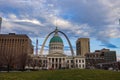 Daytime view of the Kiener Plaza Park, old courthouse and the Gateway Arch