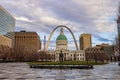 Daytime view of the Kiener Plaza Park, old courthouse and the Gateway Arch