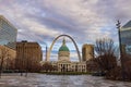 Daytime view of the Kiener Plaza Park, old courthouse and the Gateway Arch