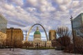 Daytime view of the Kiener Plaza Park, old courthouse and the Gateway Arch