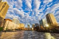 Daytime view of the Kiener Plaza Park, old courthouse and the Gateway Arch