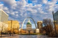 Daytime view of the Kiener Plaza Park, old courthouse and the Gateway Arch