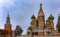 Daytime view of the Kremlin and the Saint Basil& x27;s Cathedral on Red Square in Moscow, Russia, main square of the country Royalty Free Stock Photo