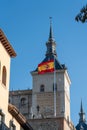 Daytime View of the Spanish Flag in the wind in front of the Toledo Alcazar Building Royalty Free Stock Photo