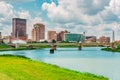 Grassy shoreline in Dayton, Ohio and the Great Miami River