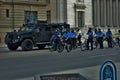 Dayton, Ohio United States 05/30/2020 police officers putting on gas masks preparing to deploy OC pepper spray and tear gas at a