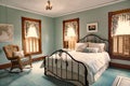 Iron Bed in Teal Bedroom od Old Victorian Home Royalty Free Stock Photo