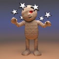 Dazed and confused Egyptian mummy monster is dizzy with stars in his eyes, 3d illustration