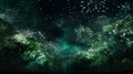 A dazzling array of green and silver fireworks cascading like a waterfall, against a deep black backdrop Royalty Free Stock Photo