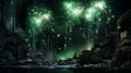 A dazzling array of green and silver fireworks cascading like a waterfall, against a deep black backdrop Royalty Free Stock Photo