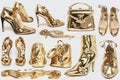 A dazzling assortment of opulent gold shoes and purses displayed in a harmonious arrangement, showcasing elegance and