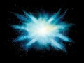 A dazzling burst of turquoise particles explodes outward from the center, creating a vivid display of energy and