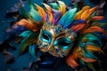 A dazzling carnival mask with bright and iridescent feathers on a standard background.