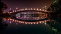 Dazzling cityscape with illuminated architecture, reflecting off water, under dark evening sky