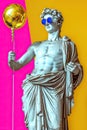 A dazzling festive burst in pop art style: an ancient statue of a god in mirror sunglasses with a disco ball balloon on